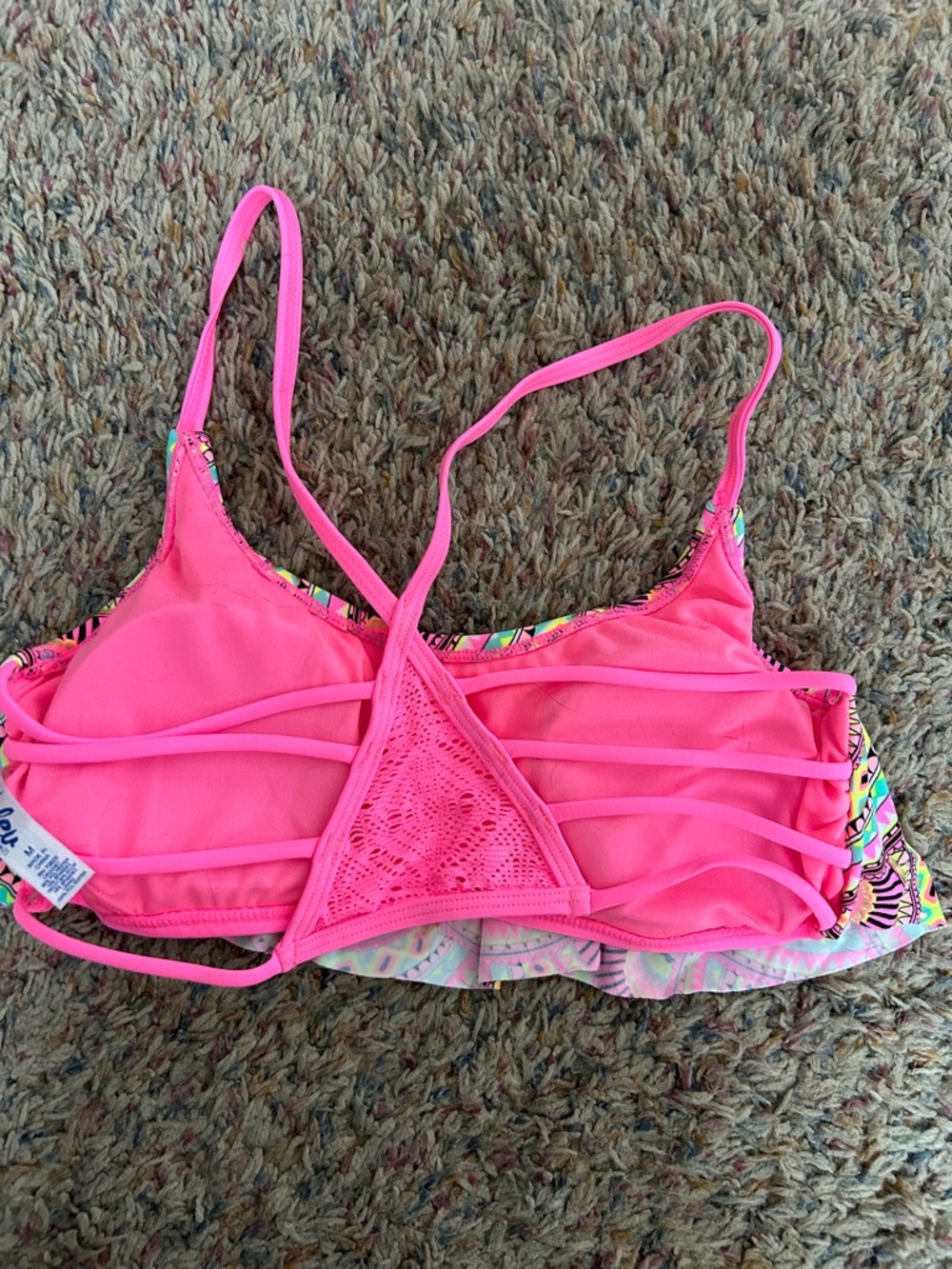 Neon Pink Patterned Ruffle Bikini Top - Picture 3 of 3